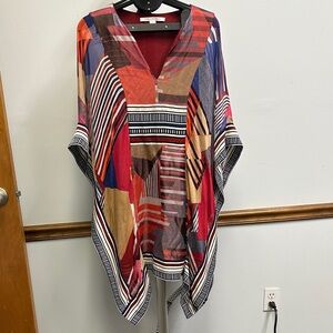 Diane Von Furstenberg Silk Multicolor Geometric V-Neck Kaftan with Red Accents
